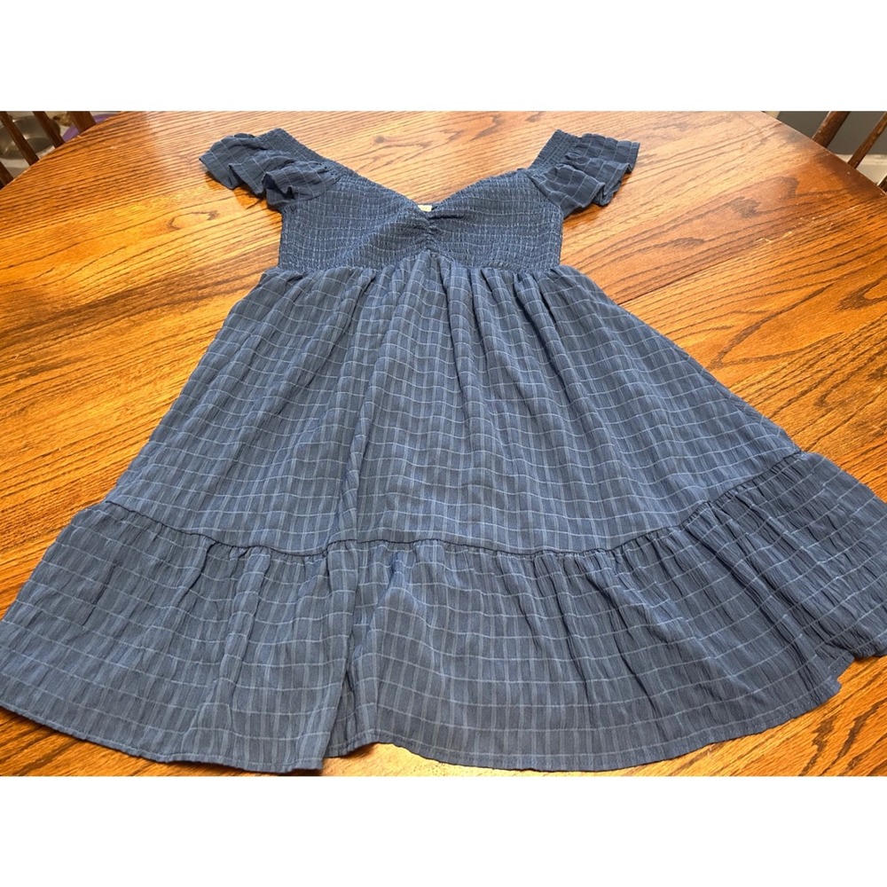 Thirty Thirty LA Blue Smocked Windowpane Tiered Ruffle Mini Dress Medium